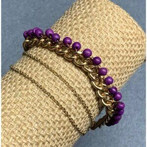 Triple Strand Bracelet 7 In Gold Chains Purple Beads Chunky Delicate Tag Charm